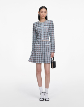 블루 체크 니트 미니 스커트