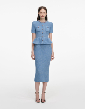 블루 페플럼 니트 미디 드레스