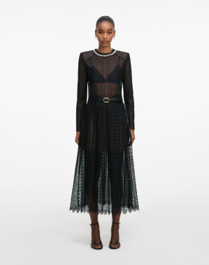 블랙 오간자 레이스 미디 스커트