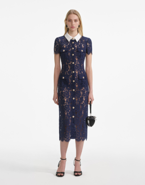 네이비 레이스 콘트라스트 카라 미디 드레스