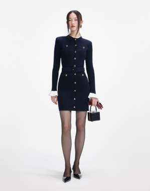 네이비 비스코스 니트 미니 드레스