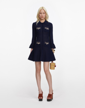 네이비 쉘 엠벨레시드 니트 미니 드레스