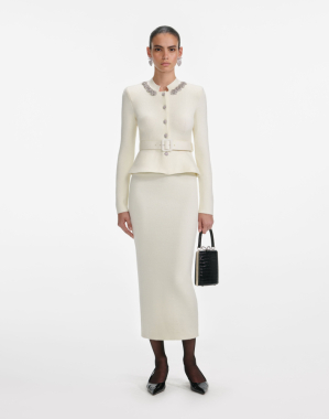 크림 울 페플럼 니트 미디 드레스
