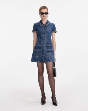 데님 크리스털 트림 카라 미니 드레스