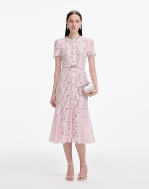 핑크 레이스 보우 트림 미디 드레스