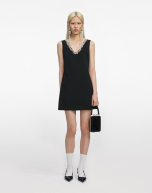 블랙 크레이프 크리스탈 트림 미니 드레스