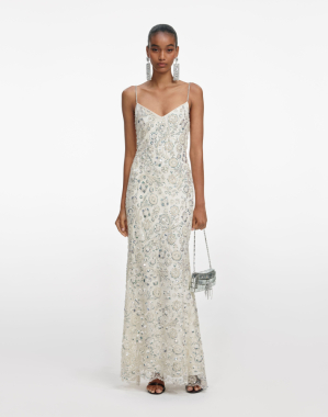 크림색 플로럴 스팽글 맥시 드레스