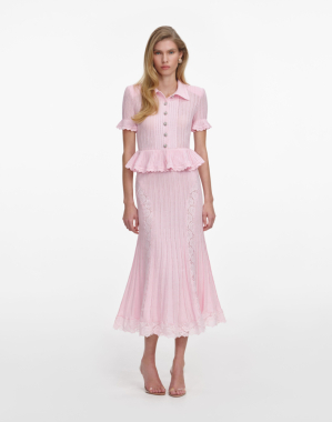 핑크 포인텔 페플럼 니트 미디 드레스