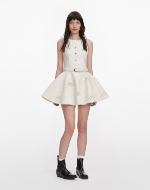 크림 브로더리 데님 슬리브리스 미니 드레스
