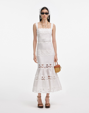 화이트 린넨 레이스 인서트 미디 드레스