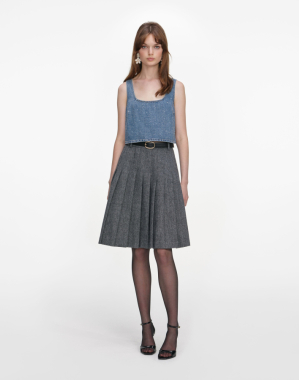 그레이 헤링본 플리츠 미디 스커트