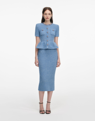 블루 페플럼 니트 미디 드레스