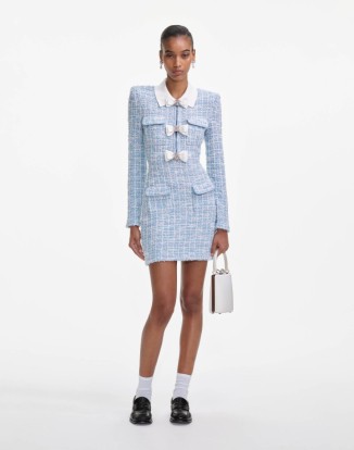 블루 체크 칼라 니트 미니 드레스