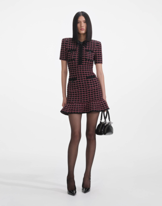 블랙 앤 레드 체크 니트 미니 드레스