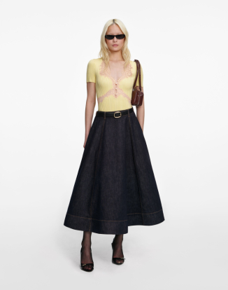 인디고 데님 플레어 미디 스커트