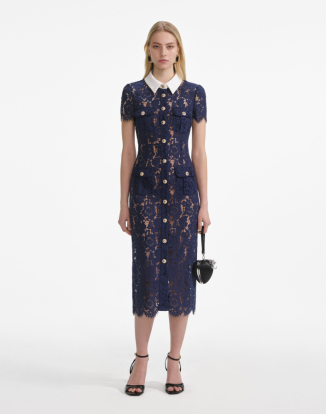 네이비 레이스 콘트라스트 카라 미디 드레스