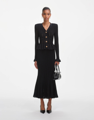 블랙 니트 페플럼 미디 드레스