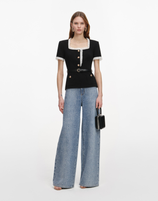 블랙 크레이프 콘트라스트 프릴 탑