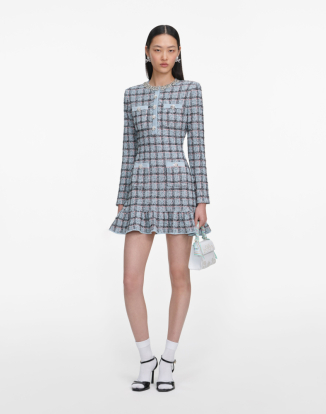 블루 체크 니트 미니 드레스