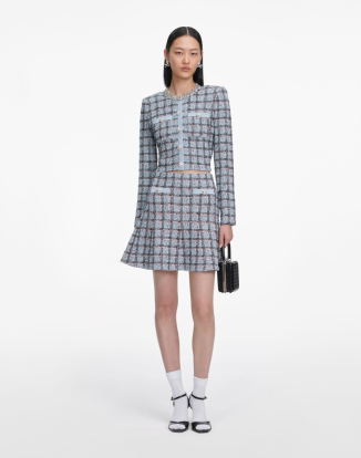 블루 체크 니트 미니 스커트