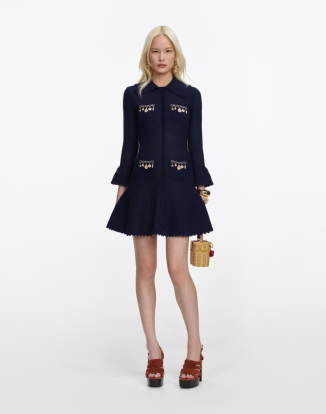 네이비 쉘 엠벨레시드 니트 미니 드레스