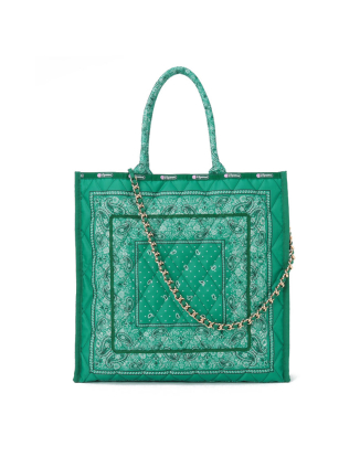 반다나 그린 라지 체인 퀼트 토트백