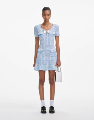 블루 체크 니트 미니 드레스