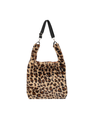 레오파드 플러피 퍼 숄더 토트백