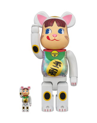 400%+100% BEARBRICK Maneki Neko Peko-chan White Plated Glow-in-the-Dark with Milky