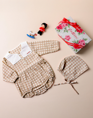 깅엄체크 베이비 바디수트 베이지