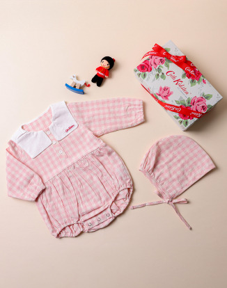 깅엄체크 베이비 바디수트 라이트 핑크