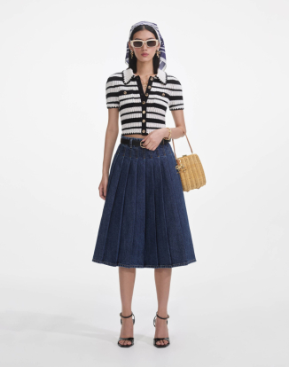 크림 앤 블랙 스트라이프 크로셰 탑 