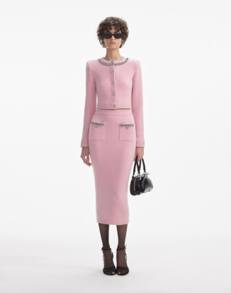 핑크 엠벨레시드 니트 미디 스커트