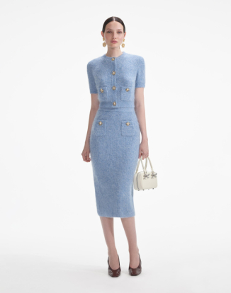 블루 소프트 니트 미디 스커트 