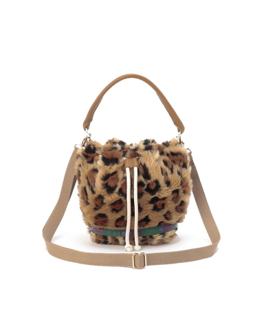 웜 카멜 레오파드 퍼 스몰 드로우스트링 숄더백