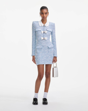 블루 체크 칼라 니트 미니 드레스