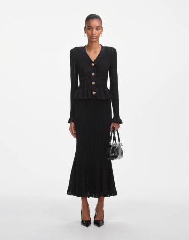 블랙 니트 페플럼 미디 드레스