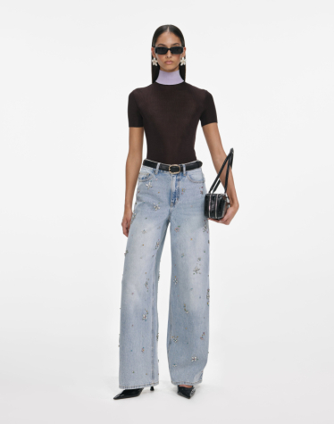 라이트 블루 엠벨레시드 와이드 레그 진