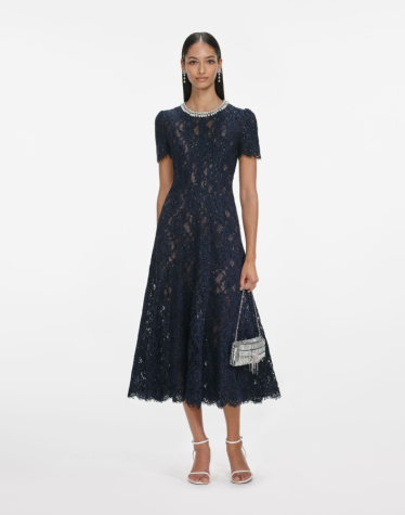 네이비 엠벨레시드 미디 드레스