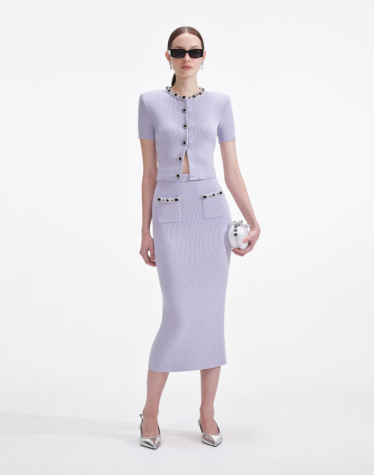 라일락 엠벨레시드 니트 미디 스커트