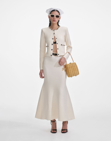 크림 플레어 니트 미디 스커트