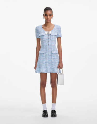 블루 체크 니트 미니 드레스