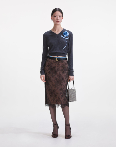 블랙 레이스 미디 스커트