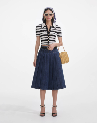 크림 앤 블랙 스트라이프 크로셰 탑 