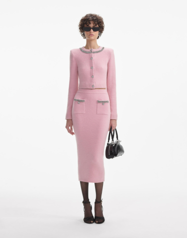 핑크 엠벨레시드 니트 미디 스커트