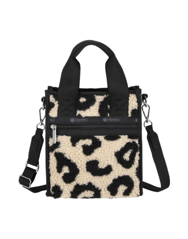 블랙 데님/레오파드 셰르파 미니 N/S 토트백