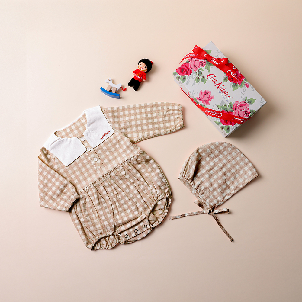 깅엄체크 베이비 바디수트 베이지